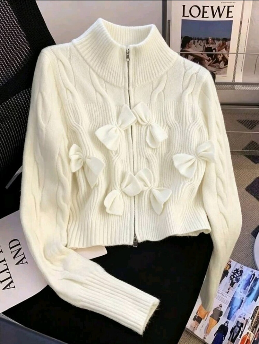 Women's Cable Knit Long Sleeve Zipper Front Bow Decor Cardigan